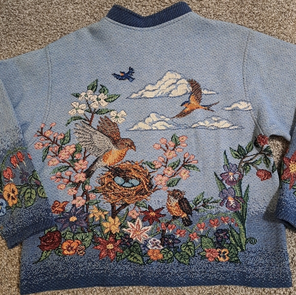 Sugar Street Weavers Sweaters - vintage Sugar Street Weavers tapestry jacket Spring Birds cherry Blossom